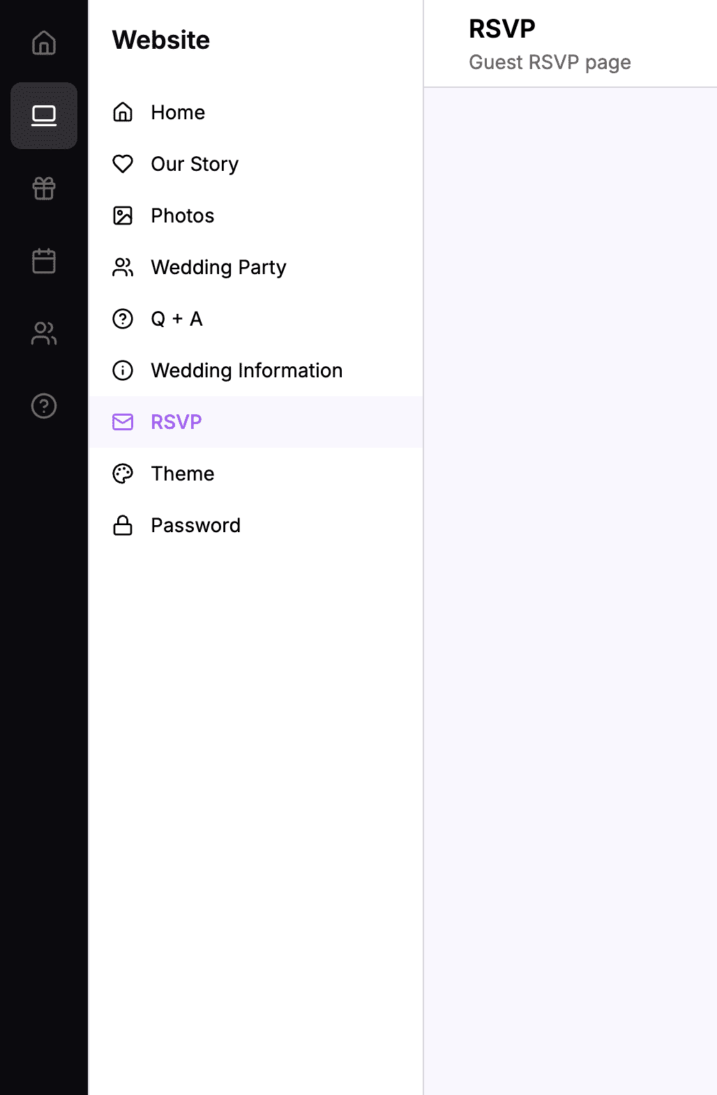 Dashboard navigation showing Website menu with RSVP selected