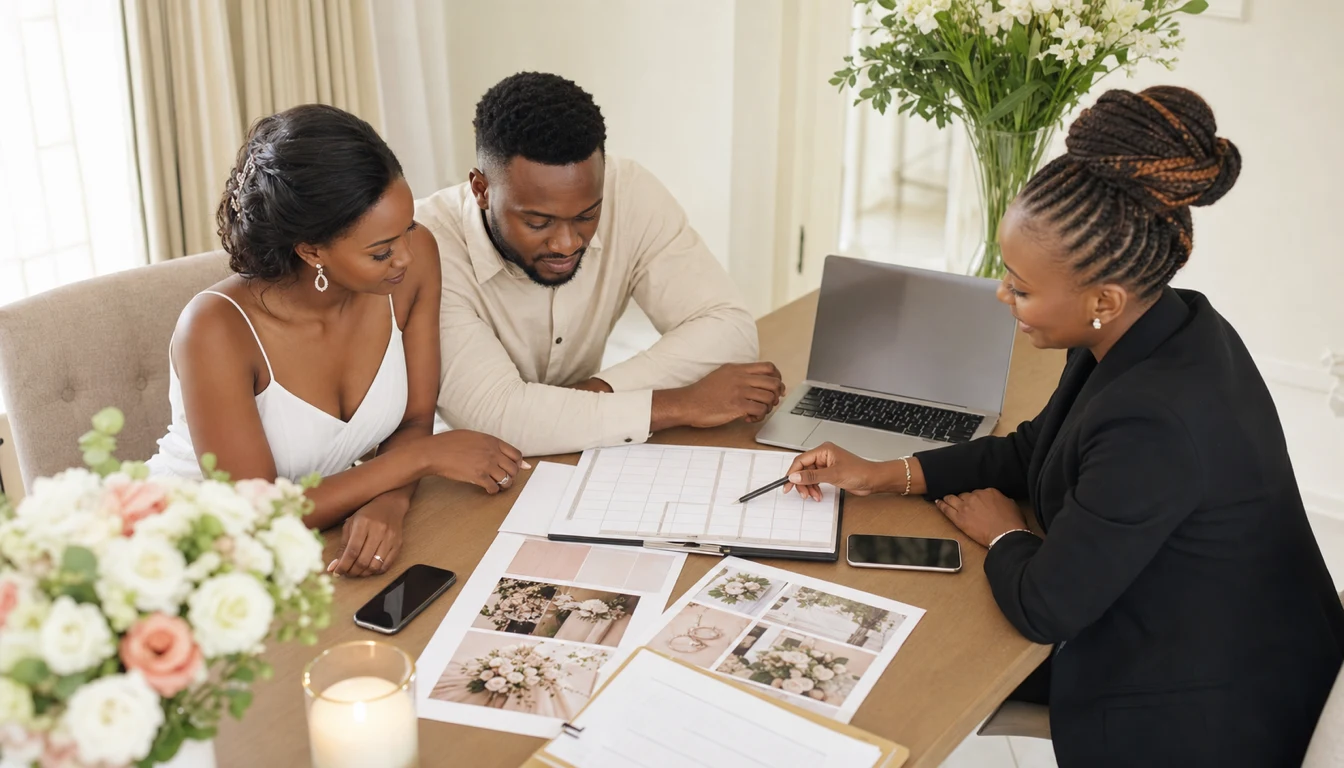 Couple reviewing a checklist together before their wedding day