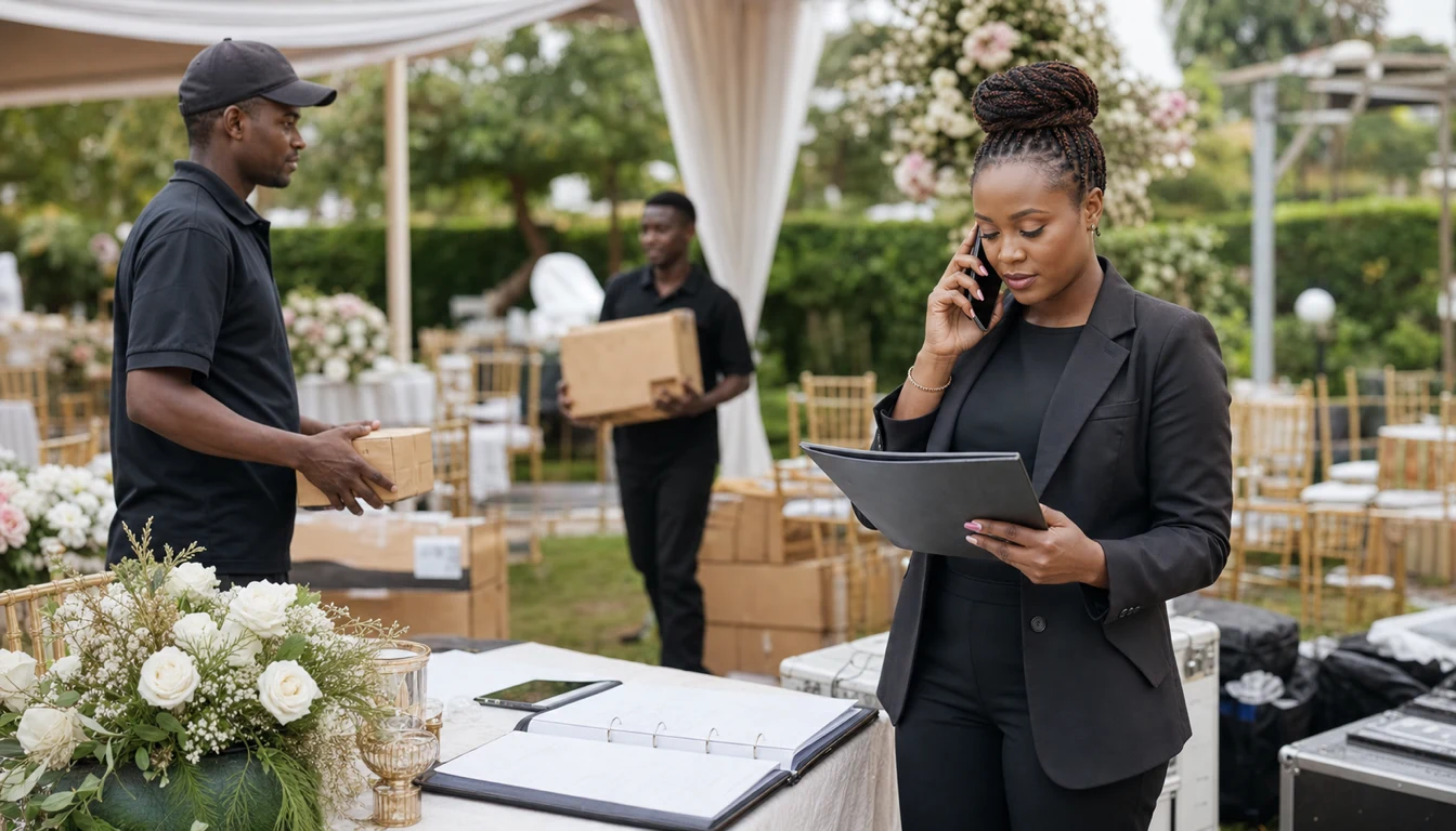 Wedding coordinator speaking on the phone at a wedding venue