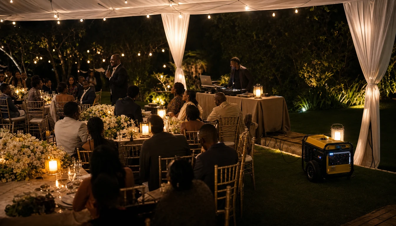 Wedding reception with string lights and backup lighting